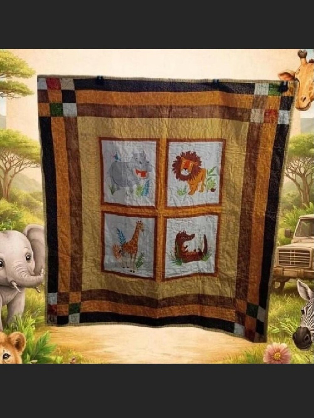 Handmade Safari Animal Patchwork Nursery Quilt - Brown & Tan & Multi Color